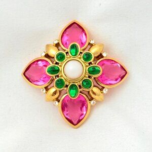 Vintage Joan Rivers Pink/Green Gripoix Maltese Cross Brooch/Pin